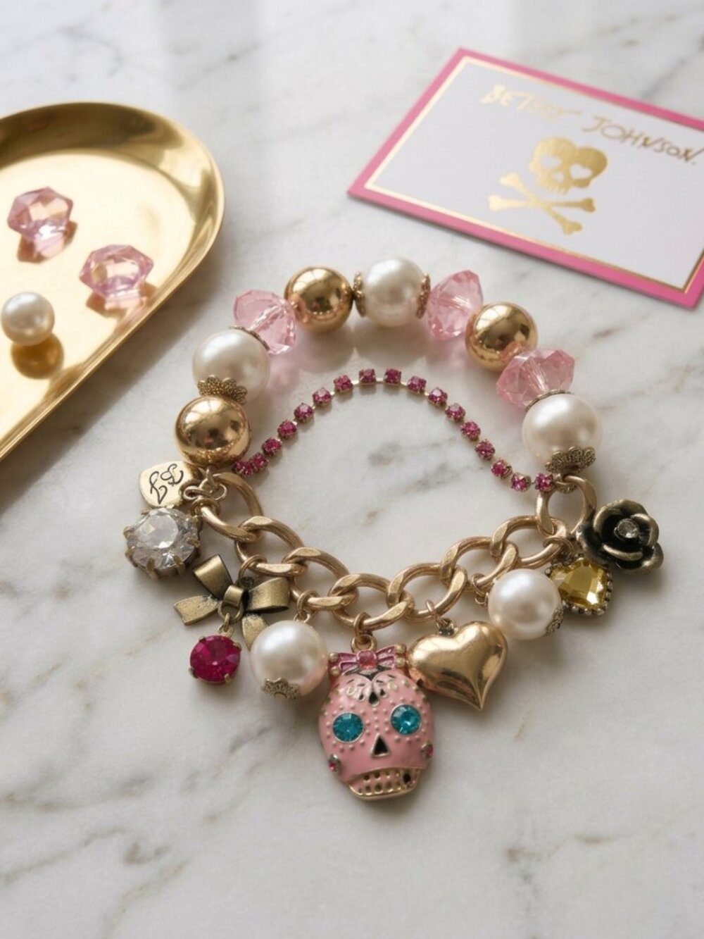 Betsey Johnson Pink Skull Charm Bracelet Pearl Crystal Antique Gold Tone